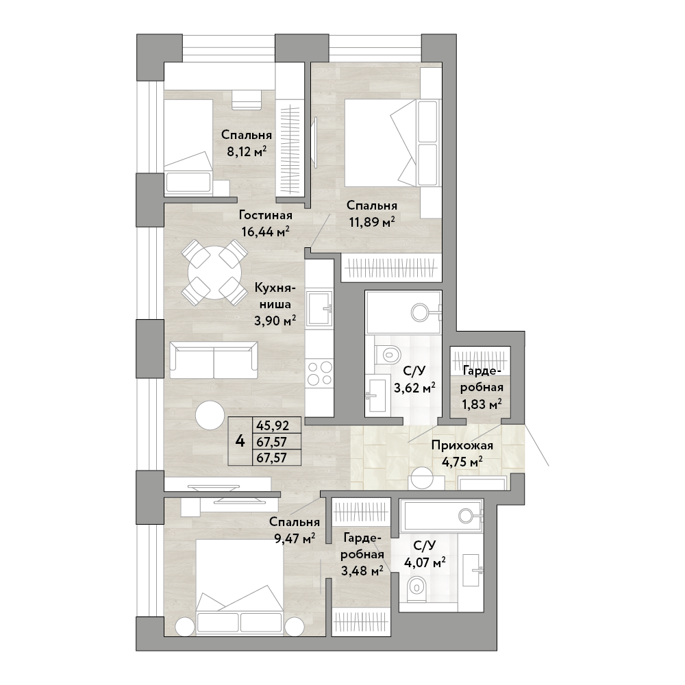 Планировка 4-комнатной